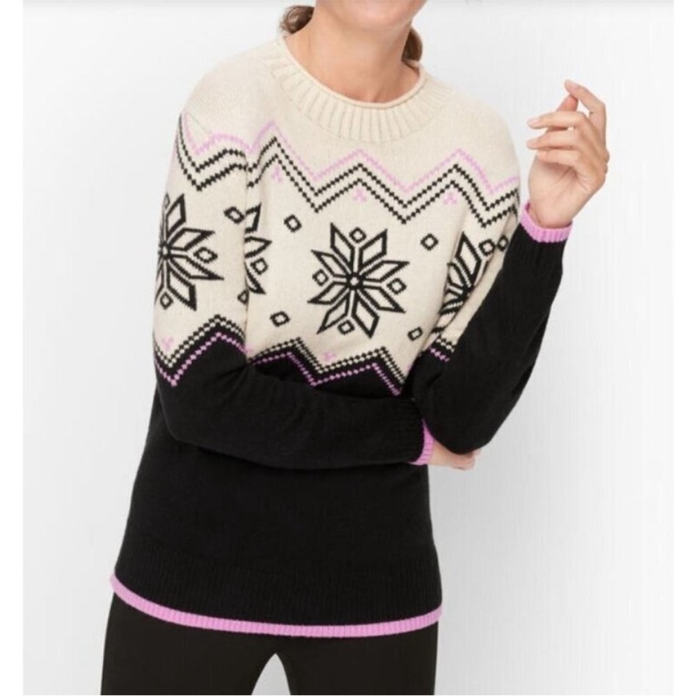 Talbots Black and Cream Snowflake Sweater with Pink Accents M